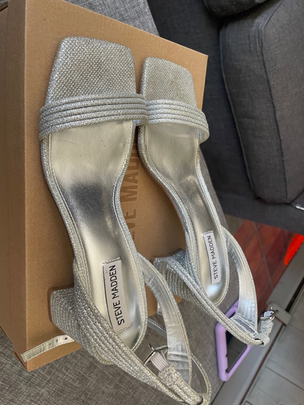 Steve Madden Silver Glitter Block Heel Sandals